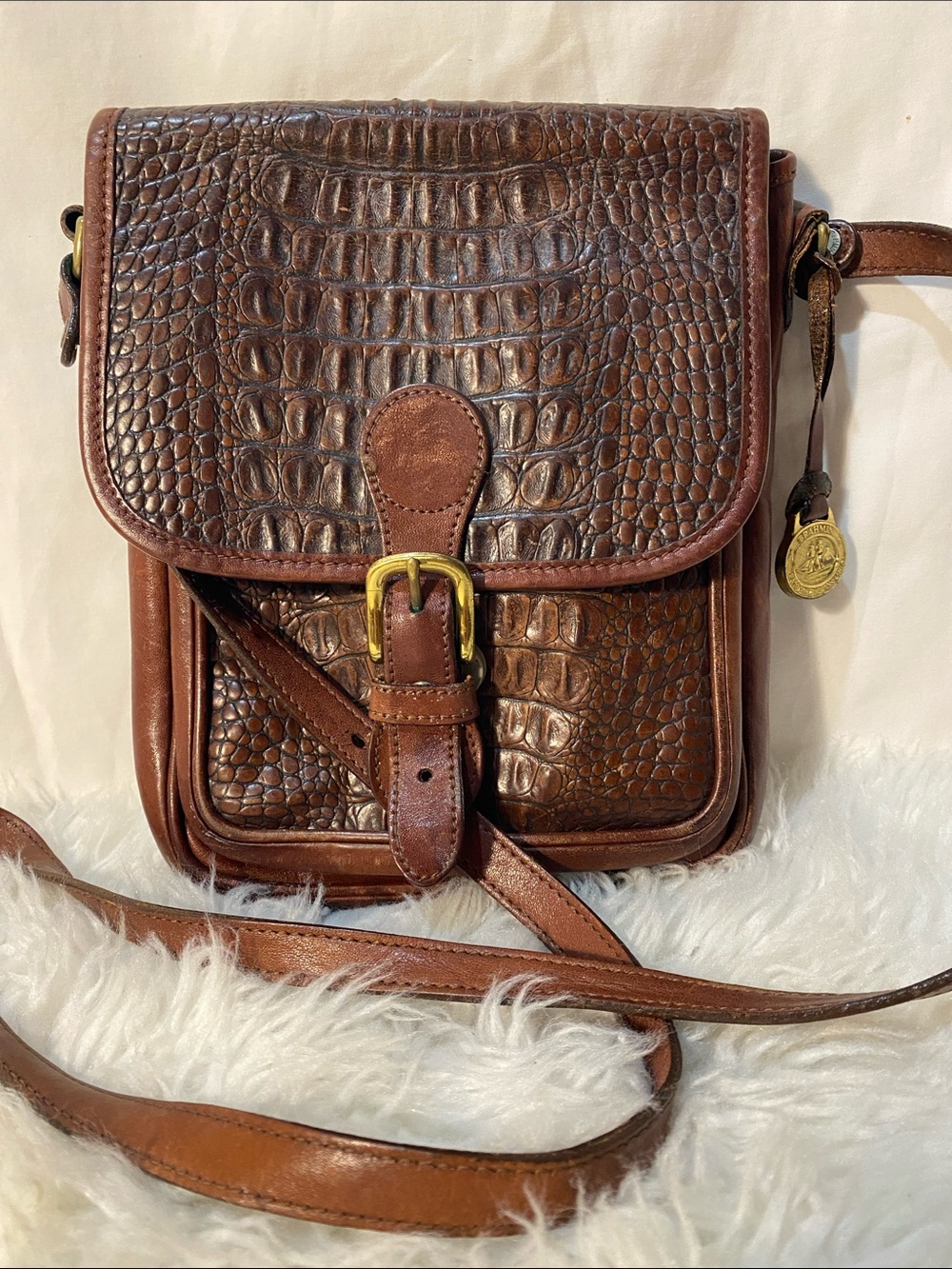 Vintage Brahmin Brown Croc-Embossed Leather Crossbody Bag